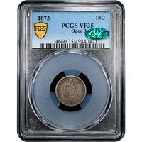 1873 No Arrows Open 3 Seated Liberty Dime (10c) Obverse Slab Image