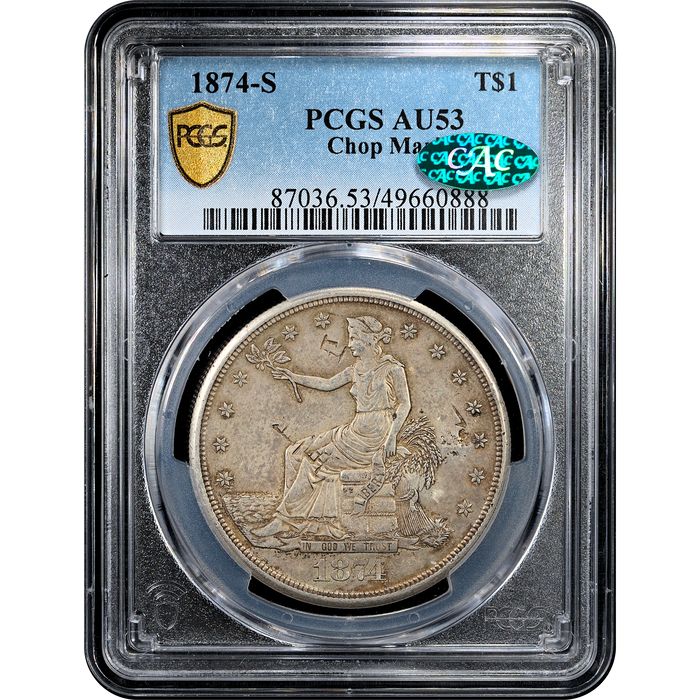 1874-S Trade Dollar ($1) Chopmarked Obverse Slab Image