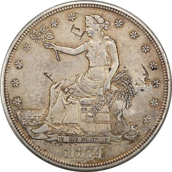 1874-S Trade Dollar ($1) Chopmarked Obverse Image