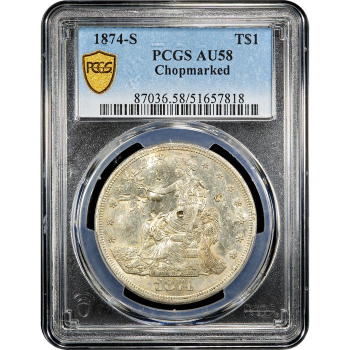 1874-S Trade Dollar ($1) Chopmarked Obverse Slab Image