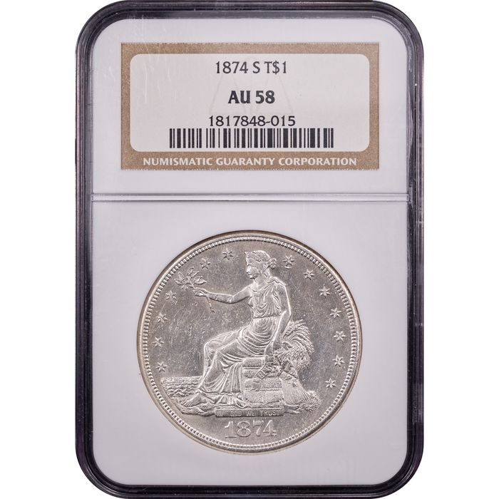 1874-S Trade Dollar (T$1) Chopmarked Obverse Slab Image