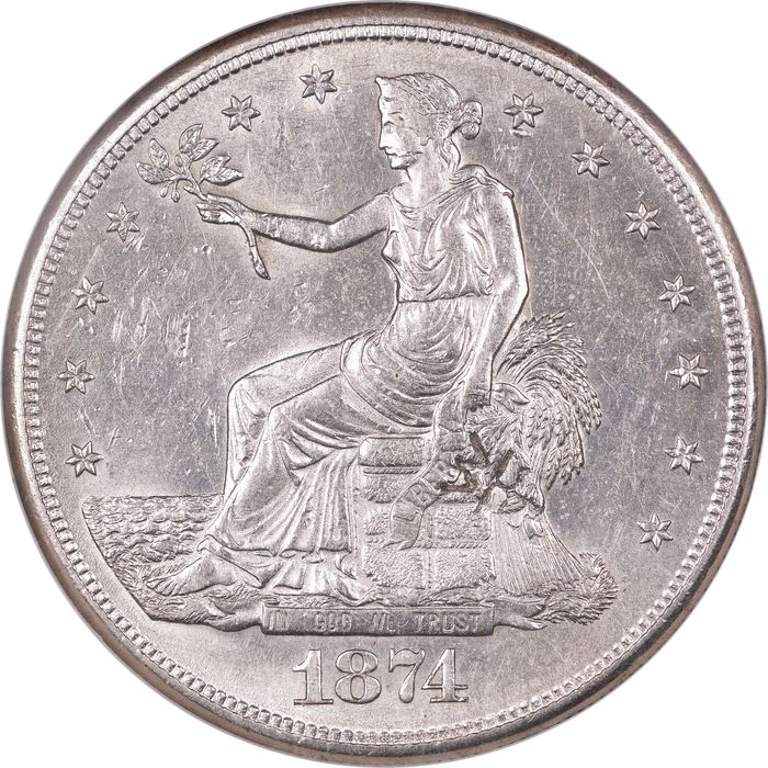 1874-S Trade Dollar (T$1) Chopmarked Obverse Image