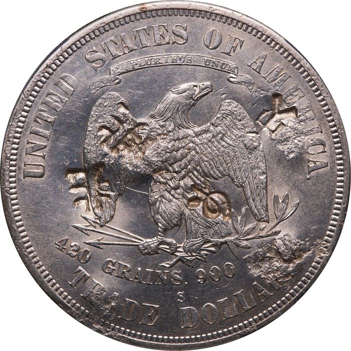1876-S Trade Dollar (T$1) Type-I/I Chopmarked Reverse Image