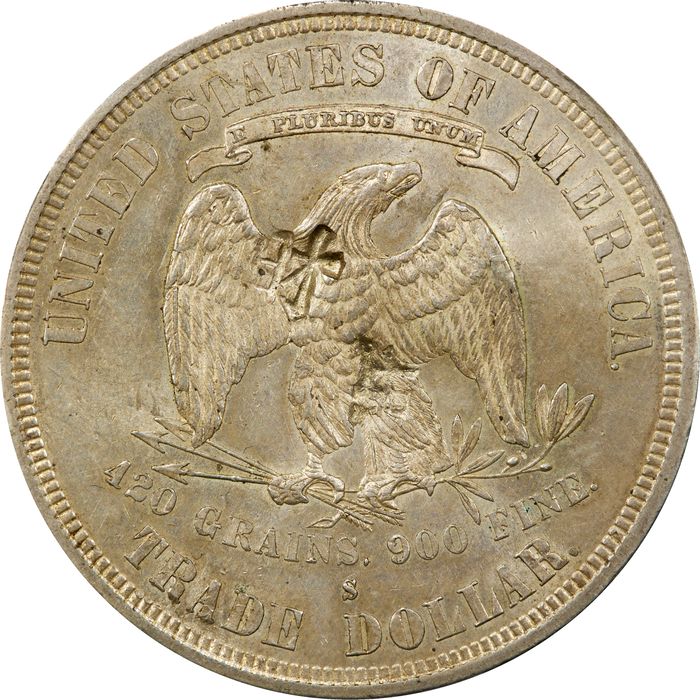 1877-S Trade Dollar (T$1) Chopmarked Reverse Image