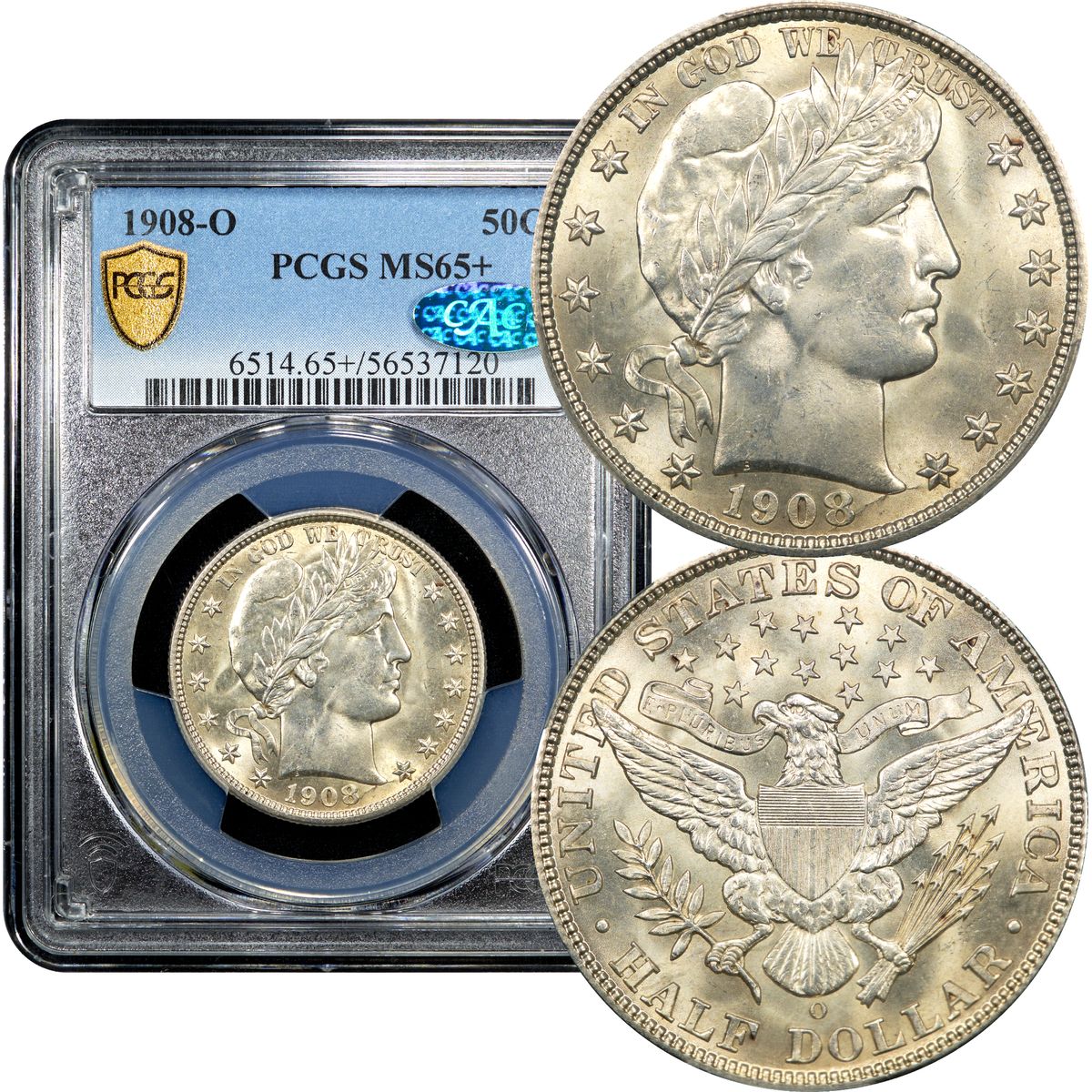 1908-O Barber Half Dollar 50c PCGS MS65+ CAC