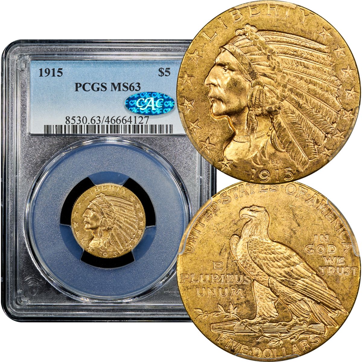 1915 Indian Gold Half Eagle $5 PCGS MS63 CAC