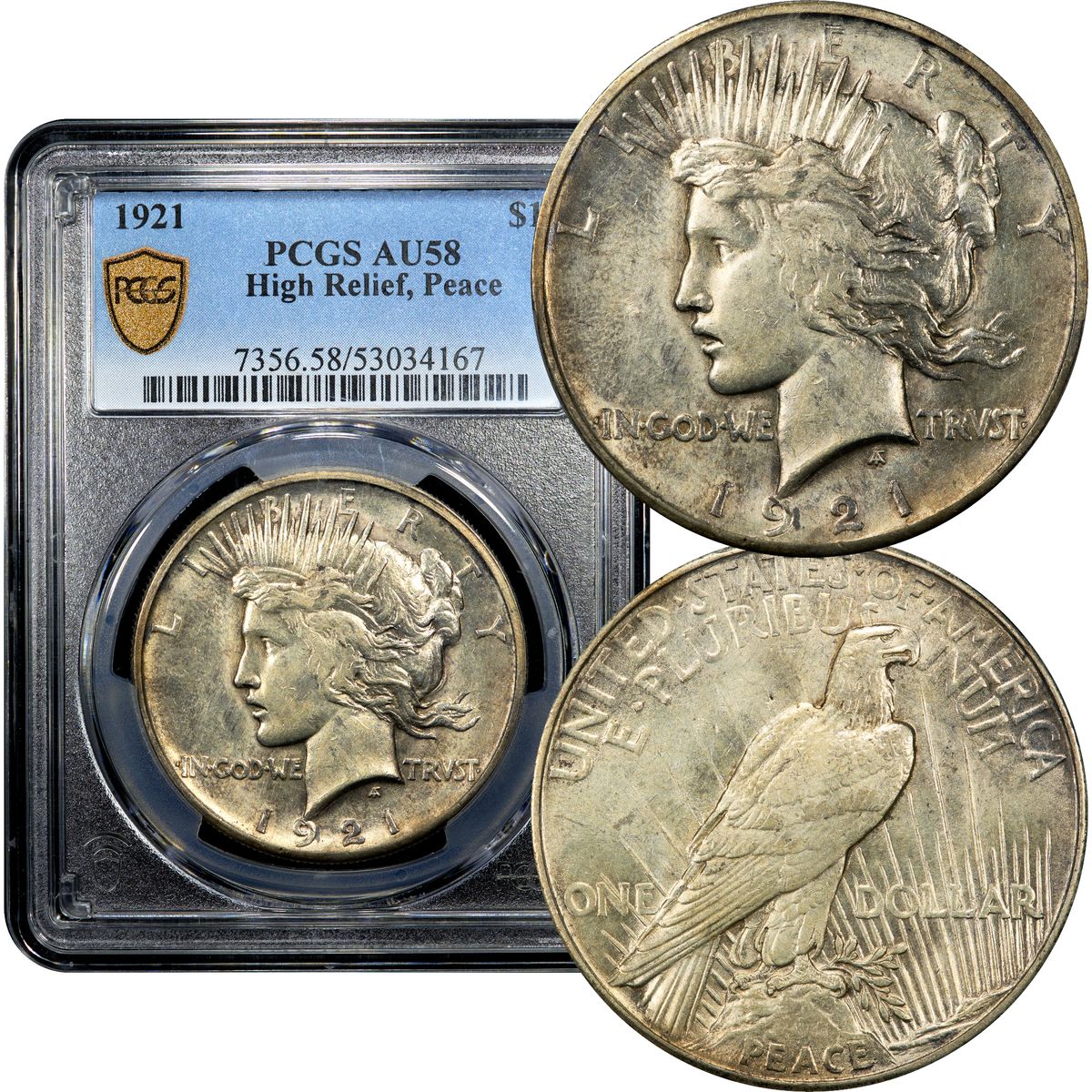 1921 High Relief Peace Dollar $1 PCGS AU58