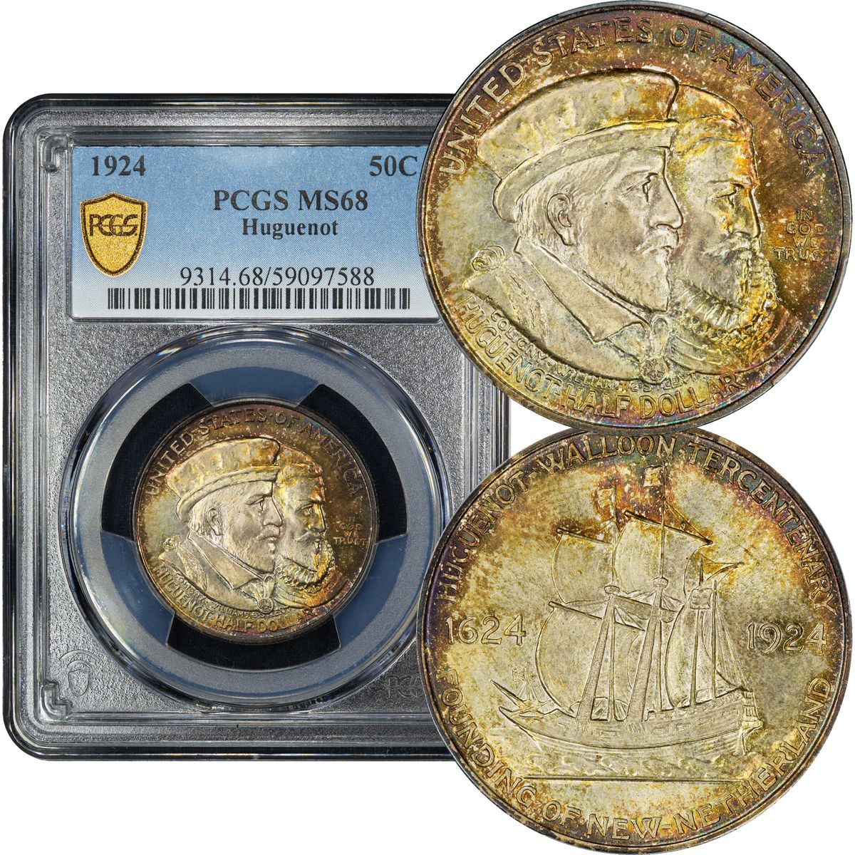 1924 Huguenot Commem Half Dollar 50c PCGS MS68