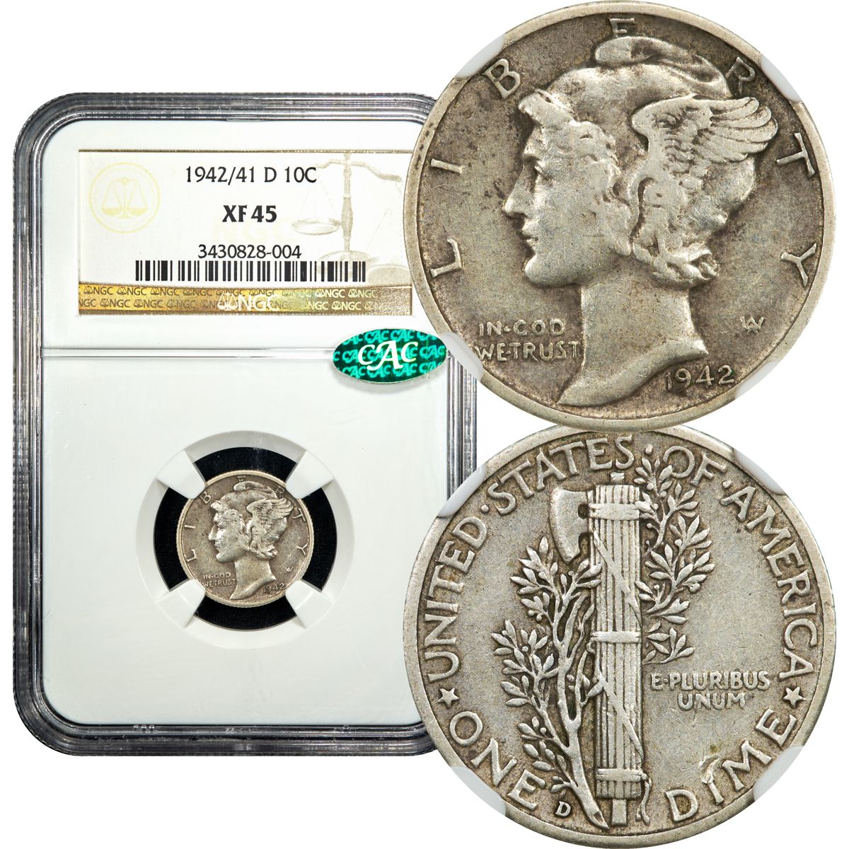 1942/1-D Mercury Dime 10c NGC XF45 CAC