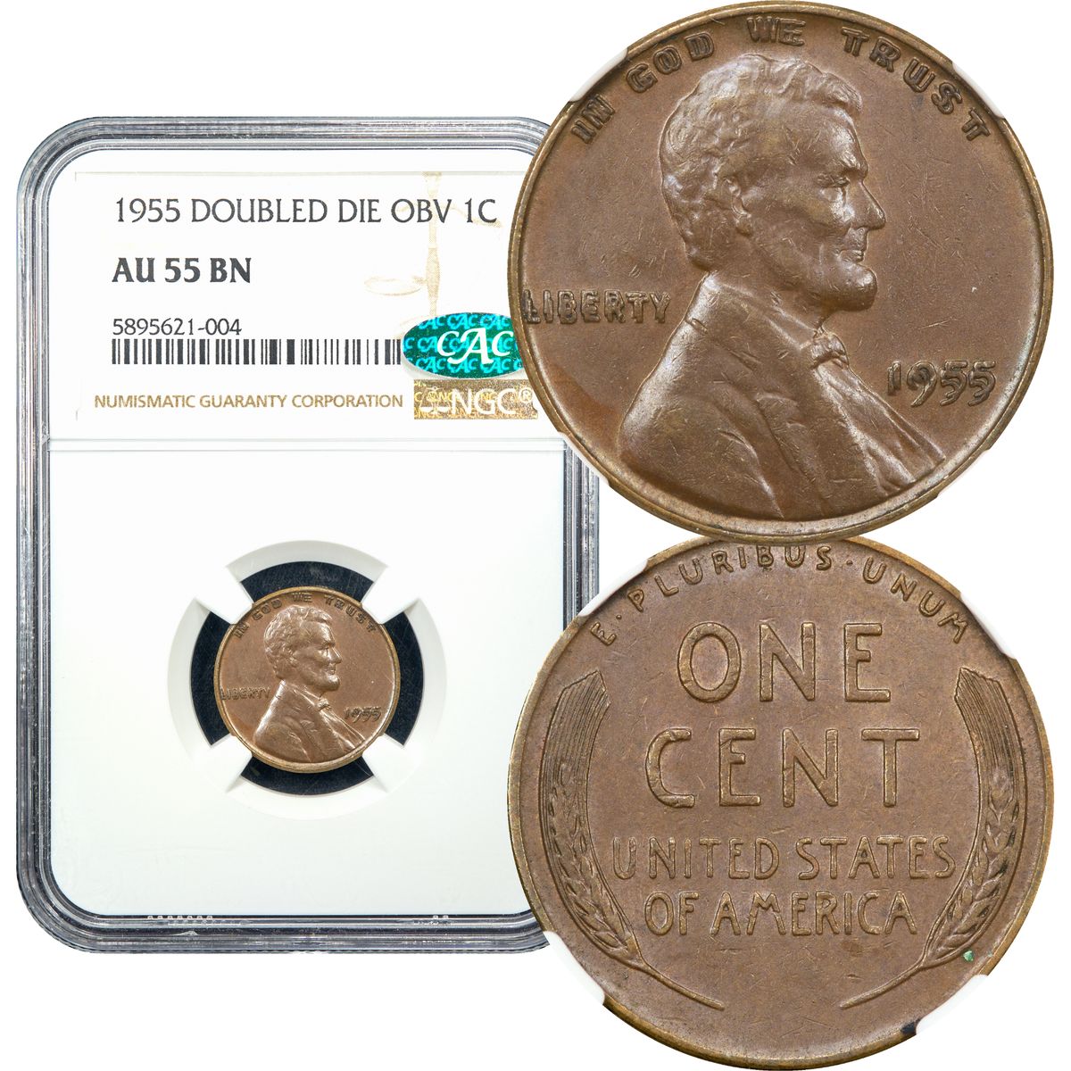 1955 Doubled Die Obverse Lincoln Cent 1c NGC AU55 BN CAC