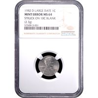 1982-D Lincoln Cent (1c) Large Date, Error - Struck on 10c Blank Obverse Slab Image