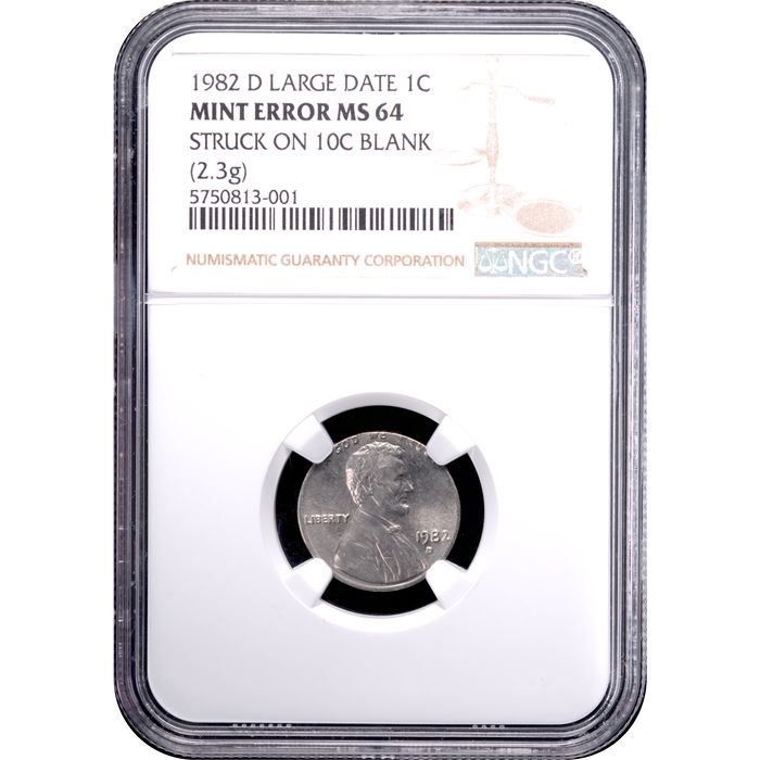 1982-D Lincoln Cent (1c) Large Date, Error - Struck on 10c Blank Obverse Slab Image