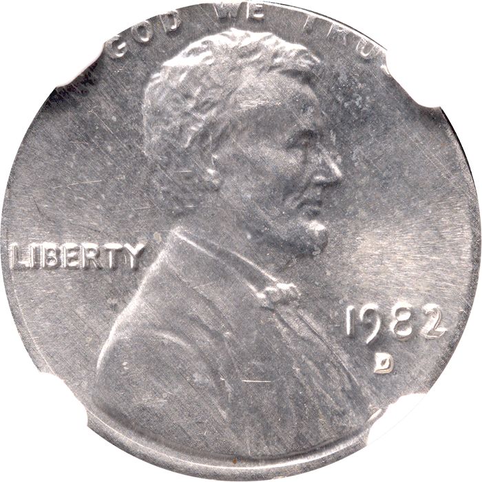 1982-D Lincoln Cent (1c) Large Date, Error - Struck on 10c Blank Obverse Image