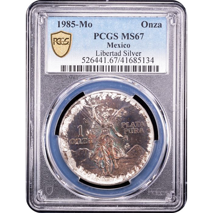 1985-Mo Mexico Libertad Silver Onza End Roll Toned Obverse Slab Image