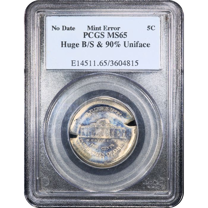 No Date Jefferson Nickel (5c) Error - Huge Broadstrike and Uniface Obverse Image