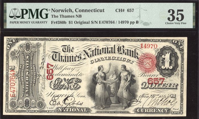 1865 $1 Original National - Norwich, CT (Charter 657)  Obverse Image