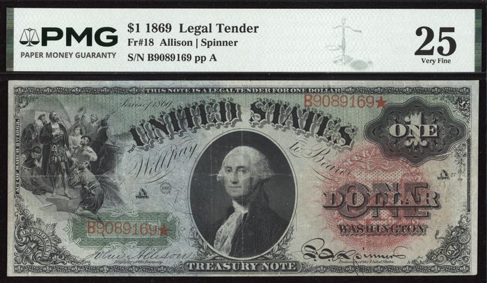 1869 $1 Rainbow Legal Tender Obverse Image