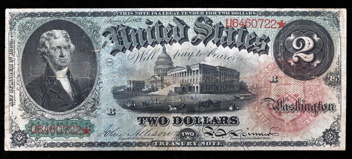 1869 $2 Rainbow Legal Tender Obverse Image