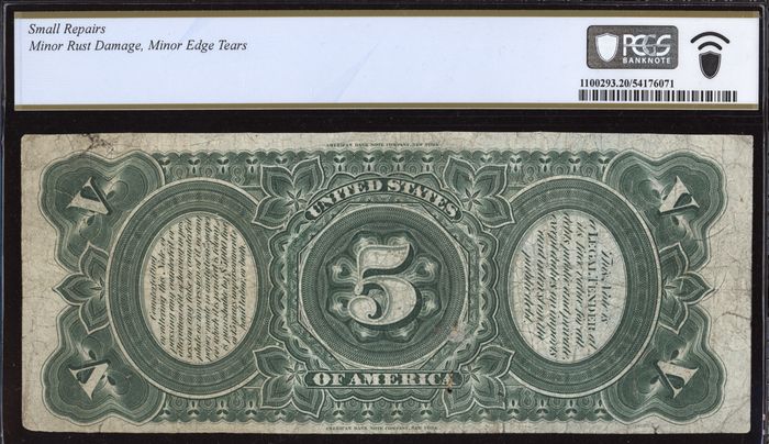 1869 $5 Rainbow Legal Tender Reverse Image