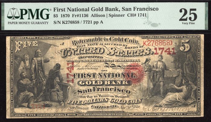 1870 $5 National Gold Bank of San Francisco (Charter 1741) Obverse Image
