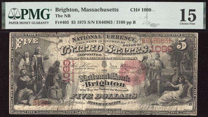 1875 $5 National - The National Bank of Brighton, MA (Charter 1099) Obverse Image