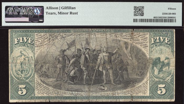 1875 $5 National - The National Bank of Brighton, MA (Charter 1099) Reverse Image