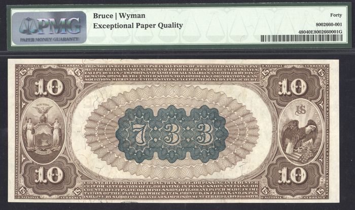 1882 $10 Brown Back National - New York, NY (Charter 733) Reverse Image