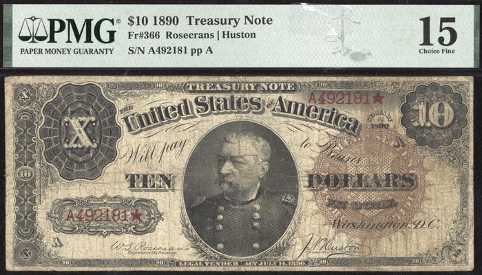 1890 $10 Treasury Note Ornate Back Obverse Image