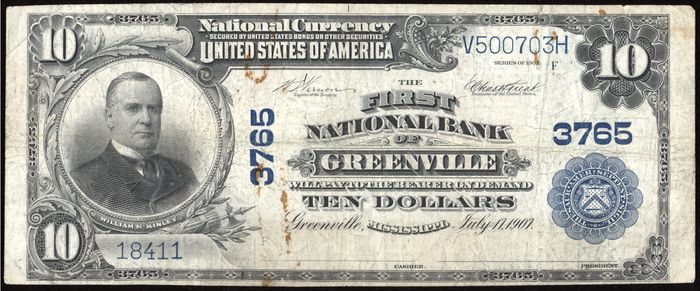 1902 $10 Plain Back National - Greenville, MS (Charter 3765) Obverse Image