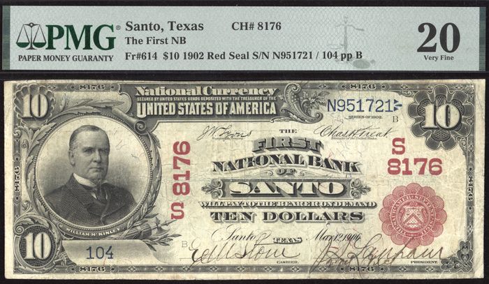 1902 $10 Red Seal National - Santo, TX (Charter 8176) Obverse Image