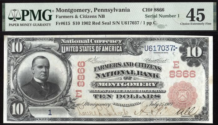 1902 $10 Red Seal National Serial No. 1 - Montgomery, PA (Charter 8866) Obverse Image