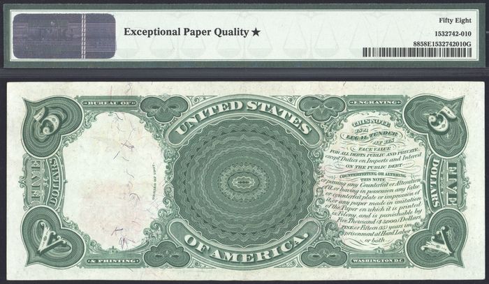 1907 $5 Woodchopper Legal Tender Reverse Image