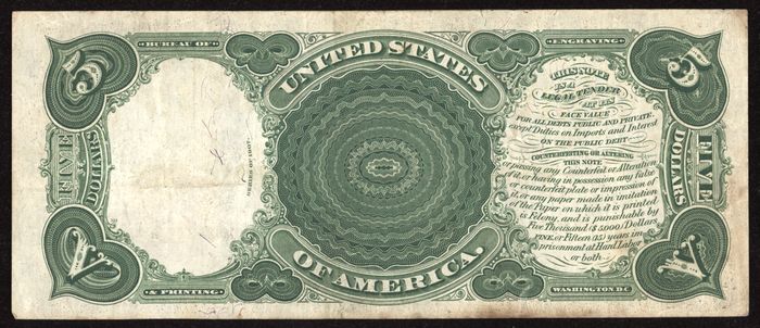 1907 $5 Woodchopper Legal Tender Reverse Image