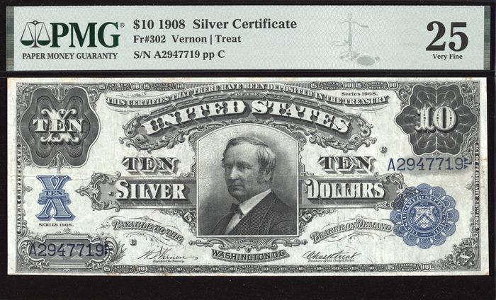 1908 $10 Tombstone Silver Certificate Obverse Image
