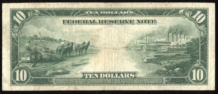 1914 $10 Red Seal FRN Reverse Image