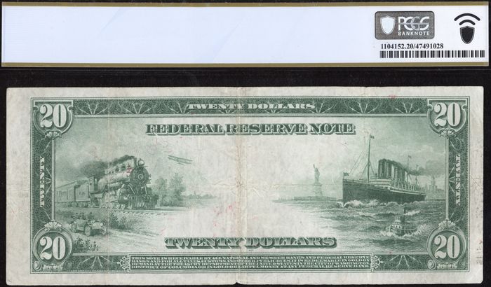 1914 $20 Federal Reserve Note Reverse Image