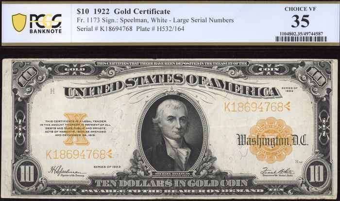 1922 $10 Gold Certificate Obverse Image