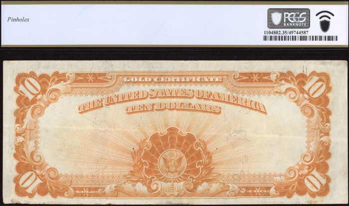 1922 $10 Gold Certificate Reverse Image
