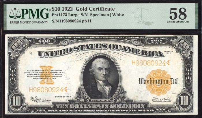1922 $10 Gold Certificate Obverse Image