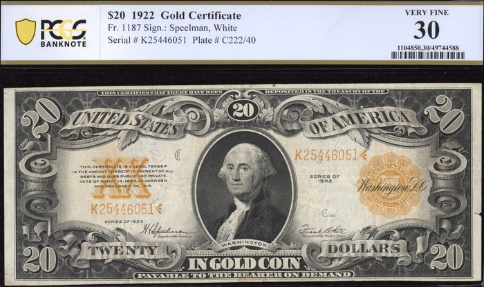 1922 $20 Gold Certificate Obverse Image