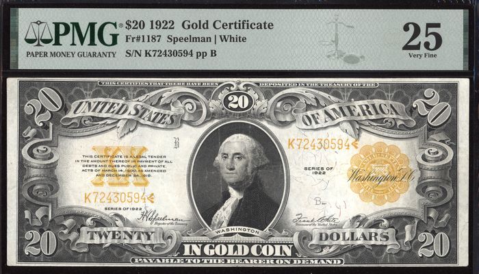 1922 $20 Gold Certificate Obverse Image