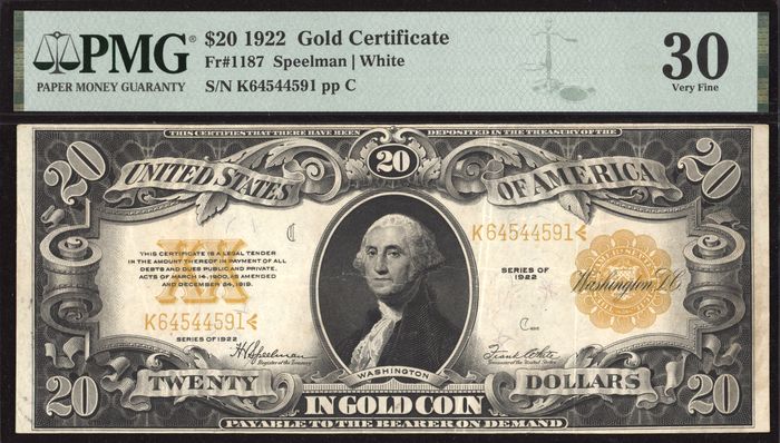 1922 $20 Gold Certificate Obverse Image