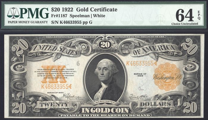 1922 $20 Gold Certificate Obverse Image