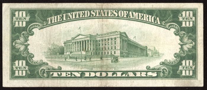 1928 $10 Gold Certificate Reverse Image