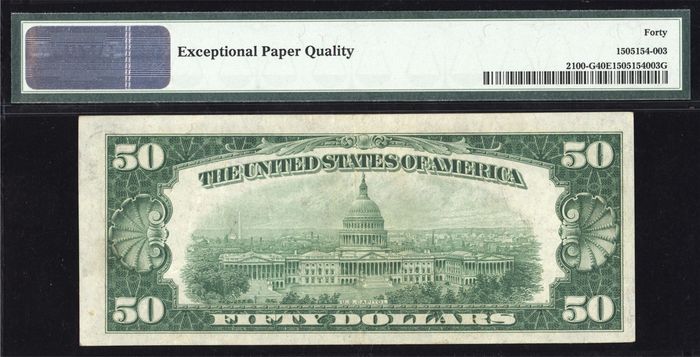 1928 $50 Numeric District Federal Reserve Note Reverse Image