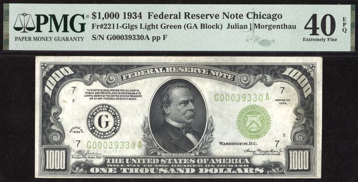 1934 $1000 Federal Reserve Note Light Green Seal Obverse Image