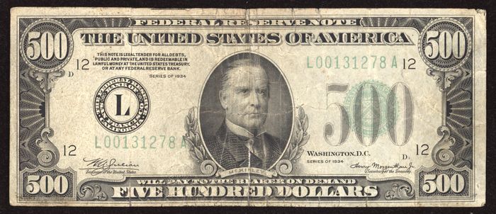 1934 $500 Federal Reserve Note Obverse Image