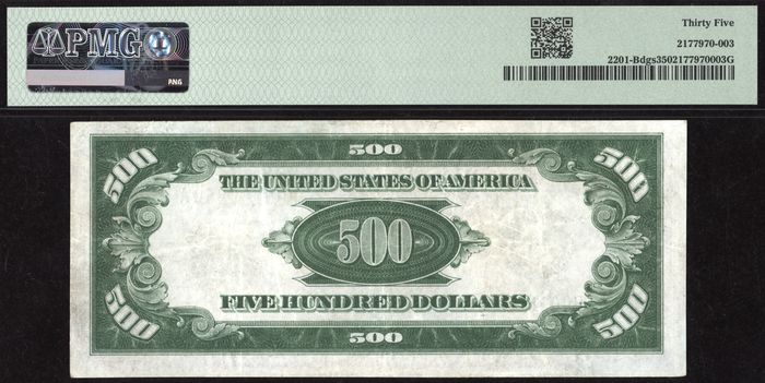 1934 $500 Federal Reserve Note Reverse Image