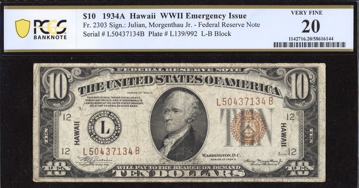 1934A $10 Hawaii Emergency Issue Obverse Image