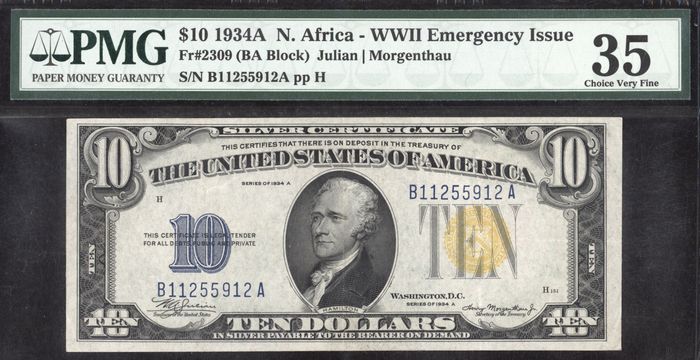 1934A $10 North Africa Silver Certificate Obverse Image
